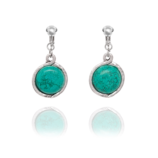 Look East Imitation Turquoise and Silver Circle Disc Clip On Earrings